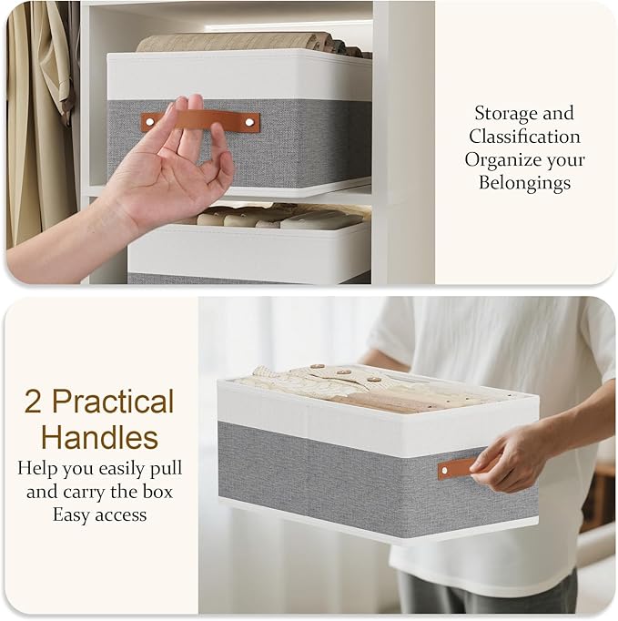 Storage Baskets, 16.1 × 9.8 × 6.5 Inch Drawer Organizers with Handles, Fabric Storage Bins for Organizing Shelves, White and Grey, 2-Pack