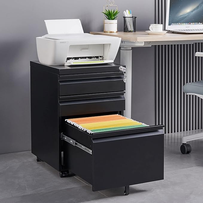 3-Drawer Lockable Mobile File Cabinet – Metal A4/Letter/Legal Size Storage for Home/Office, Pre-Assembled, Space-Saving Under-Desk Cabinet with Wheels (Black)