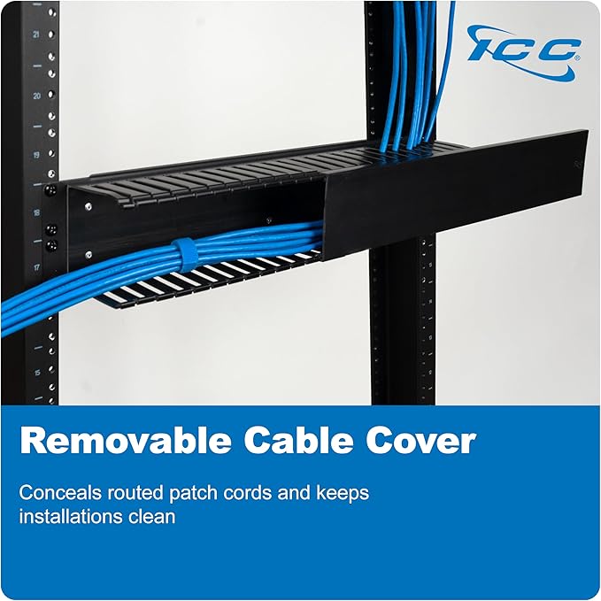 ICC 2U Finger Duct Cable Manager Panel with Cover, Plastic with Metal Back Frame, 3" Depth, Horizontal Cable Management, Rackmount for 19” Network Racks, Black, 6-Pack