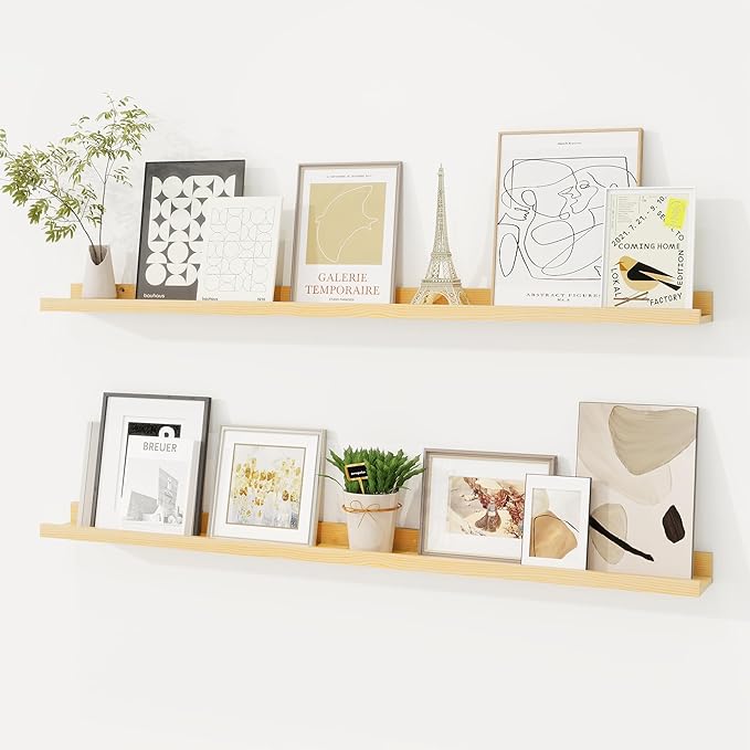 Picture Ledge Shelf, Solid Pine Wood Floating Shelves Set of 2, 40 Inches Nursery Book Shelves for Toys Storage, Kids Bookshelf Wall Mounted for Living Room Bedroom Decor Books Photo Frames, Natural