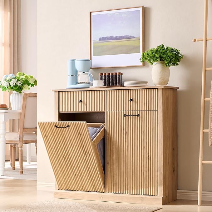 Modern Double Tilt-Out Laundry Hamper Cabinet, 20 Gallon Fluted Trash Can Cabinet with 2 Drawers, Wooden Hidden Garbage Can Cabinets with Laundry Basket, for Bathroom and Kitchen, Natural Oak