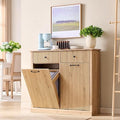 Modern Double Tilt-Out Trash Cabinet, 20 Gallon Fluted Laundry Hamper Cabinet with 2 Drawers, Wooden Hidden Garbage Can Cabinet with Storage Basket for Kitchen & Living Room, Natural Oak