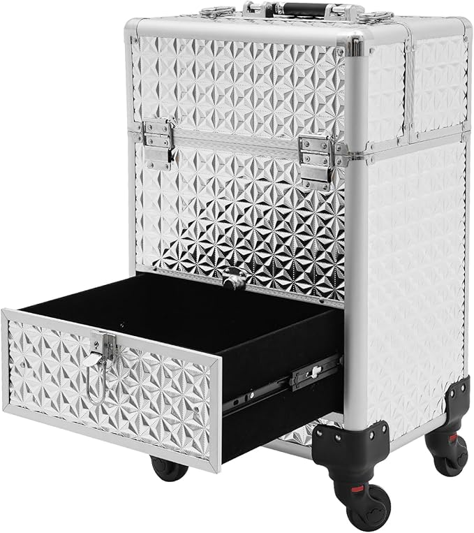 Rolling Makeup Case, Nail Storage Box with Wheels Portable Makeup Trolley for Beauty Studio Hairdressers Nail Technician (Silver)