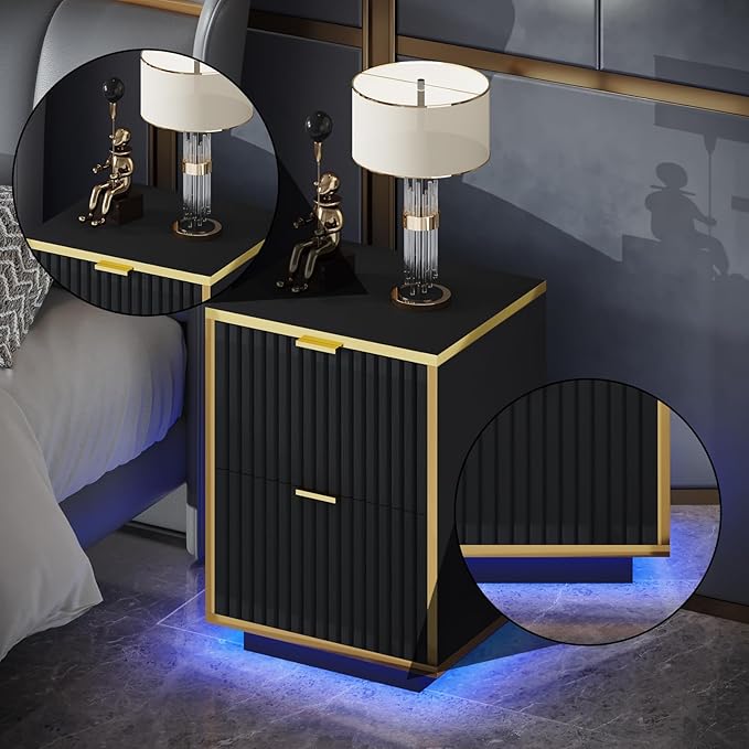 Fluted Nightstand, Black End Table with LED Lights, Modern Floating Night with Base, Bedside Table with Storage, End Table with Drawers for Bedroom, Black and Gold