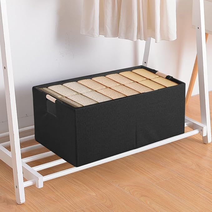 Fabric Storage Bin 3 Pack Foldable Cotton Linen Storage Basket with Wooden Handles Rectangular Cube Box– Black, Large