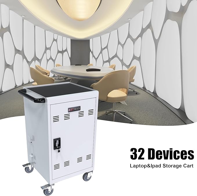 Laptop Charging Cart, White, Durable, 32 Devices, Fast Charging, Security Storage, Easy Use, Anti-Rust