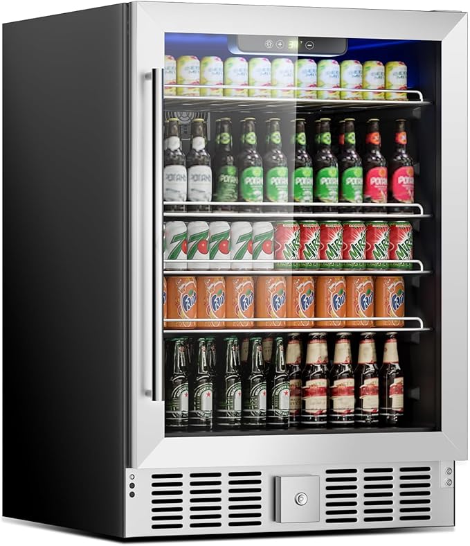 24 Inch Beverage Refrigerator, 182 Cans Built-in Cooler, Digital Temperature Control, LED Lighting, Adjustable Shelves, Freestanding Beer Fridge for Home, Bar, Office(5.3 Cu ft)