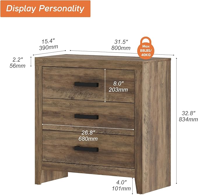 WAMPAT Farmhouse Nightstand with 3 Drawers, Large Wood Bedside Table, Wide Sofa Side End Table, Storage Organizer Chest for Living Room, Bedroom, Hallway, Brown, 32 Inches