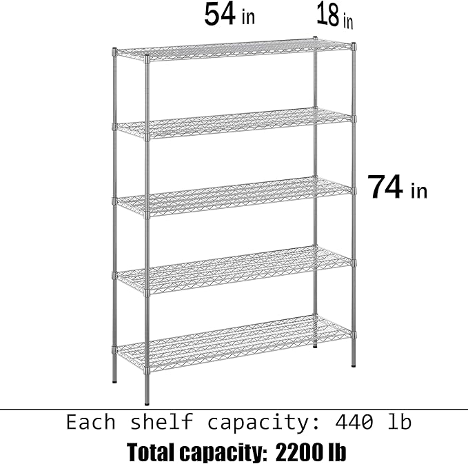 18" Deep x 54" Wide x 74" Height Wire Shelving Kit | 5-Tier | NSF Commercial Storage Rack Unit
