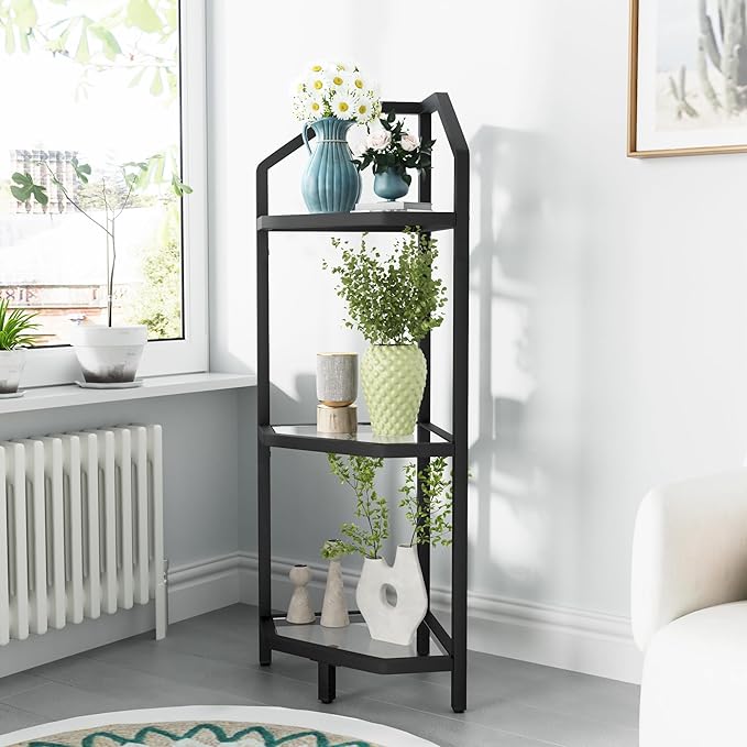3-Tier Corner Shelf Stand, Black Corner Bookshelf, Bathroom Storage Rack Shelf, Plant Rack, Tempered Glass, Steel Frame, Modern Style for Living Room, Bathroom, Kitchen, Metallic Black