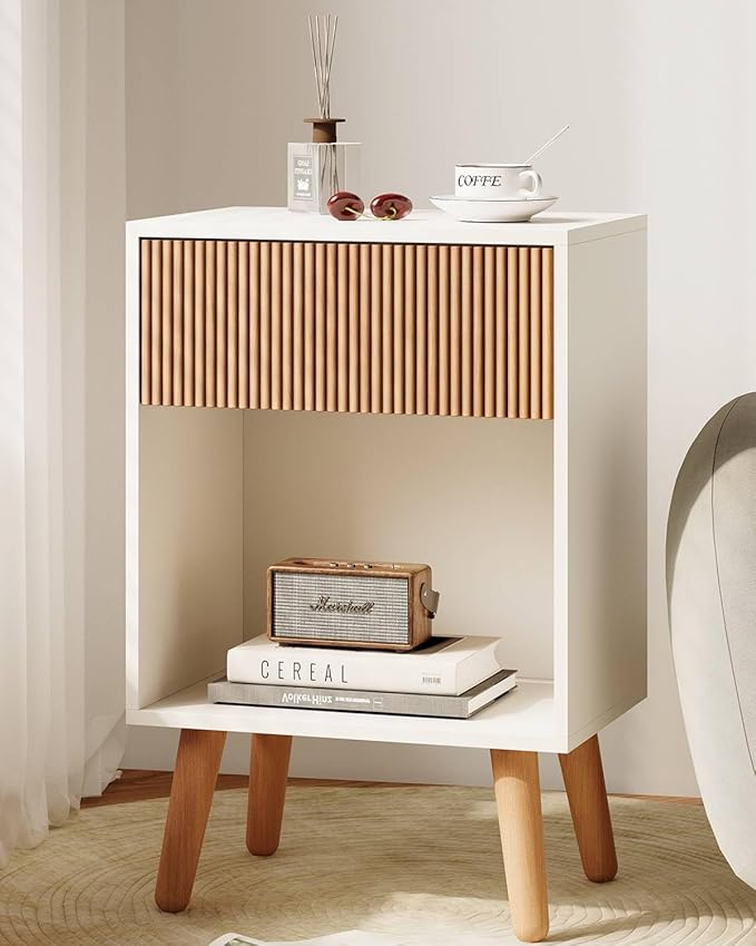 Fluted Nightstand, Modern Bedside Table with Storage Drawers and Open Wood Shelf, Night Stand with Solid Wood Legs, End Tables Side Tables for Living Room, Bedroom