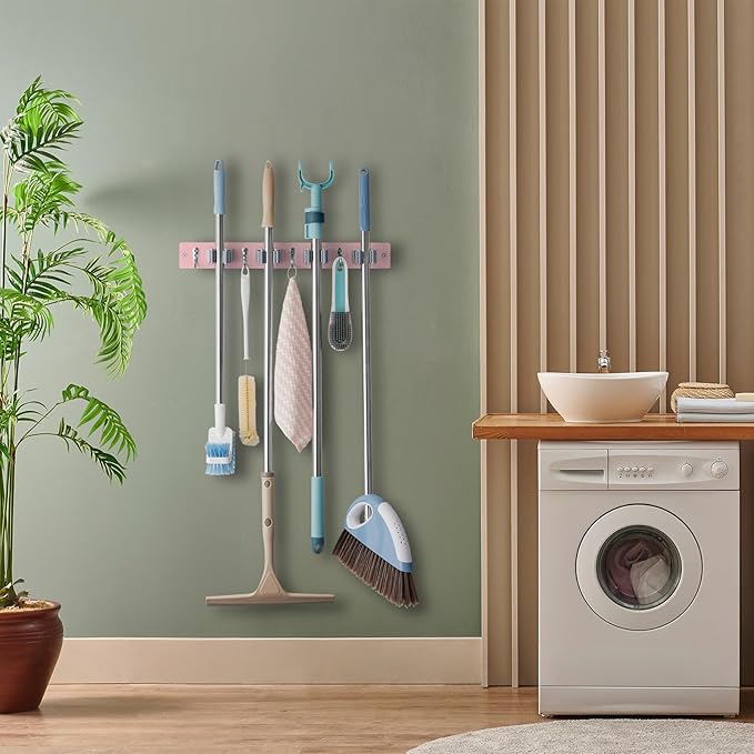 Pink Mop Broom Holder Wall Mount with 4 Slots & 4 Hooks - Wood Broom Mop Hanger for Pantry Closet Laundry Room Kitchen Organization - for Pink Kitchen Decor and Accessories