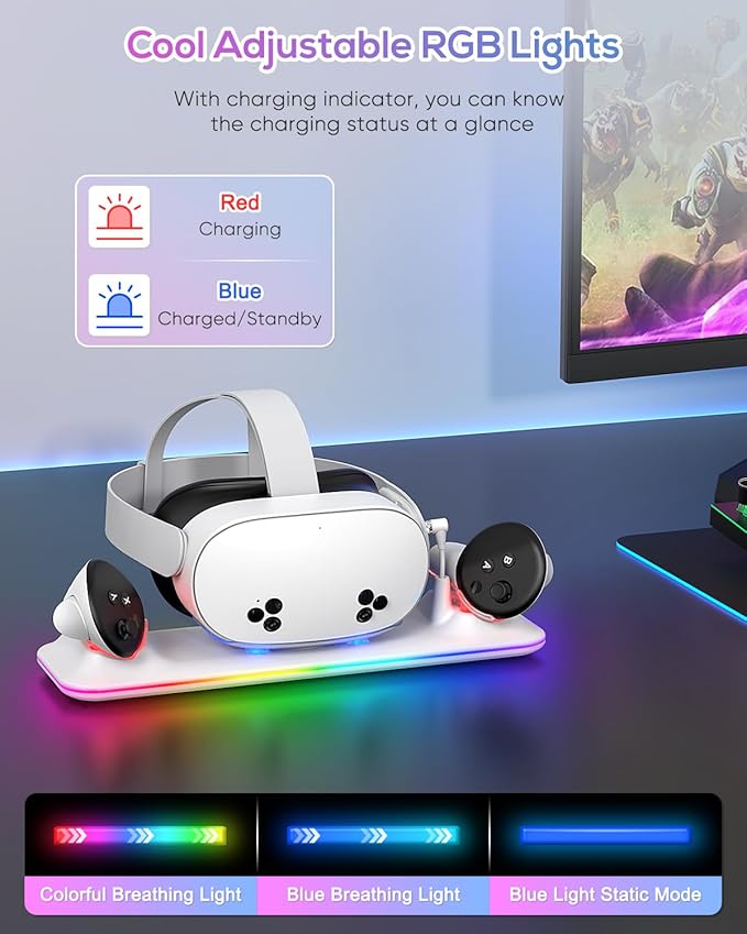 Charging Dock for Meta Quest 3S/Quest 3, Kinwin PD 18W Fast Charging Station for Oculus 3S Accessories with RGB Light, Magnetic Charger Stand for Headset/Controller with 2 Rechargeable Batteries