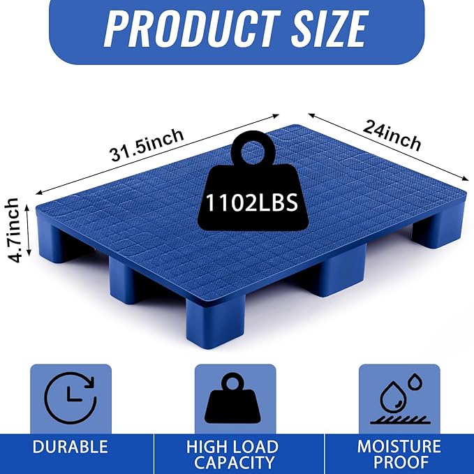 1 Pcs Plastic Pallet for Basement Storage Easy Stack Lightweight Floor Pallet Display Flooring Room Supermarket Christmas, Support up to 2000 Lbs (31.5'' L X 24'' W X 4.7'' H,Blue)