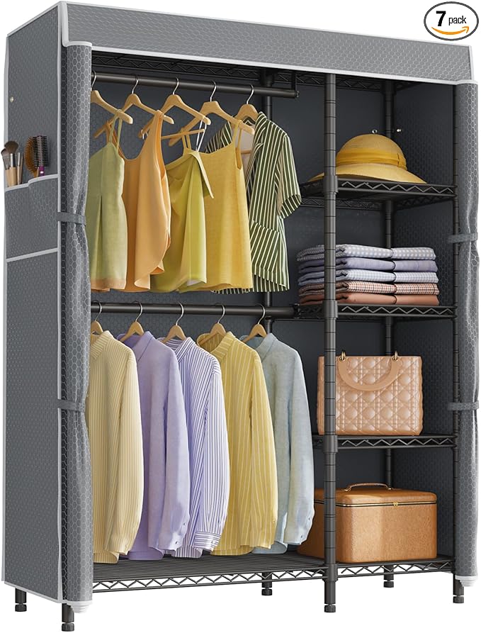 VIPEK V7C Garment Racks with Cover Portable Closets for Hanging Clothes, Heavy Duty Clothes Rack with Shelves Metal Closet Wardrobe, Max 670lbs, Black Rack with Grey Upgraded Polyester Cover