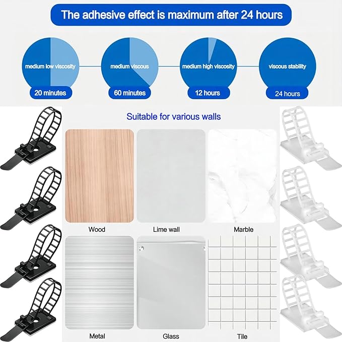 Adjustable 3M Adhesive Cable Management Clips 100Pcs, Large self Adhesive Cable Ties Clips ，Suitable for Cable Management Under desks and on Walls(Black)