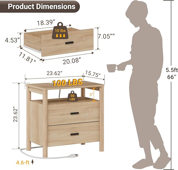 Night Stand Set of 2 with Charging Station, 24" Large Modern Side Table with Solid Round Post Legs, 2 Drawers End Table with Open Shelf, Nightstand for Bedroom, Natural Oak