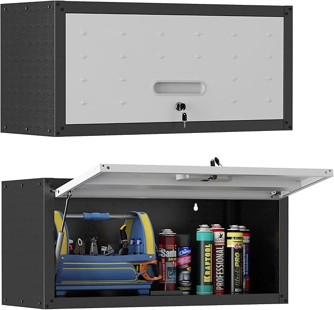 Garage Wall Cabinet, Wall Mounted Cabinet with Up-flip Door and Adjustable Shelf for Garage, Tool Room, Kitchen, Assembly Required(Black and Gray)