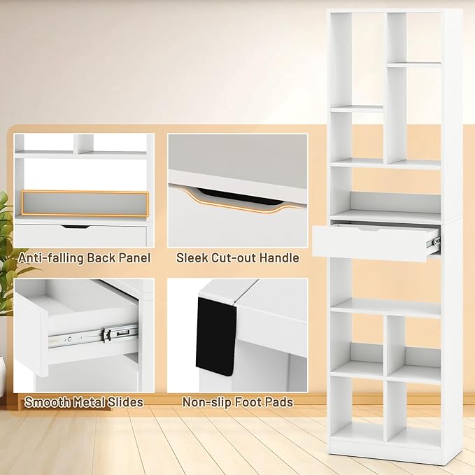 Tangkula 71” Tall Bookcase with Drawer, Modern Bookshelf with 10 Open Cubes, Floor Standing Display Rack Storage Cabinet with Anti-Tipping Kits for Living Room, Study, Office (2, White)