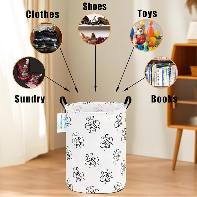 LANGYASHAN Laundry Basket Canvas Fabric Collapsible Organizer Basket for Storage Bin Toy Bins Gift Baskets Bedroom Clothes Children Nursery Hamper (Bee)