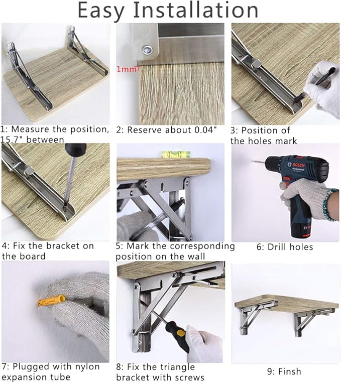 Folding Shelf Brackets, Max Load 300 lb, Heavy Duty Stainless Steel Collapsible Wall Mounted Shelf Brackets for Table, Space Saving DIY Bracket, Pack of 2 (10 Inch)