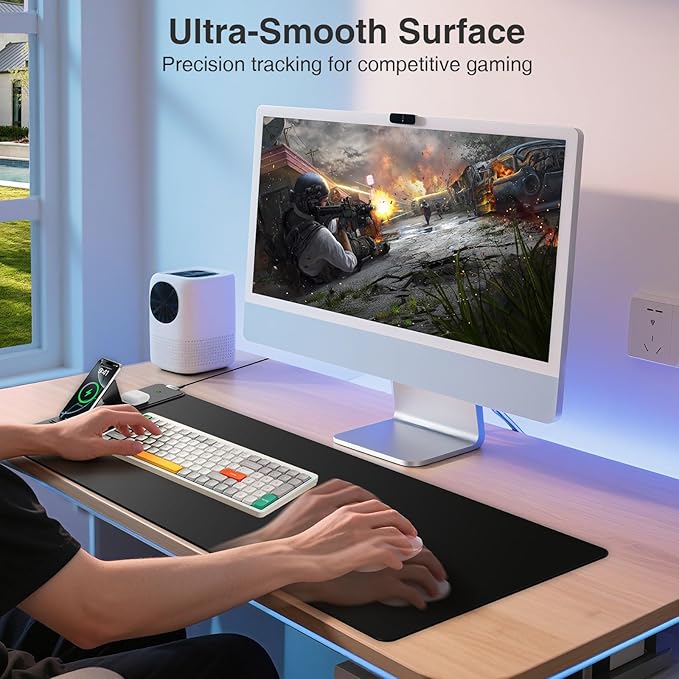 Wireless Charging Mouse Pad with Foldable Phone Holder, 31.5"x15.8" Large Desk Mat for Laptop/Keyboard, Waterproof Ultra-Smooth Surface, Non-Slip Base, Black