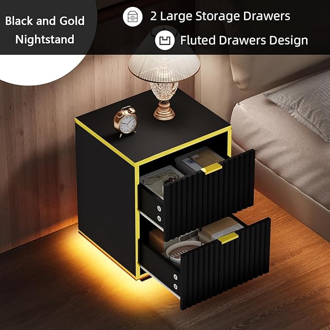 Black Nightstand Set of 2, Fluted End Table with LED, Modern Night Stand with Floating Base, Bedside Table with Storage, End Table with Drawers for Bedroom, Black and Gold