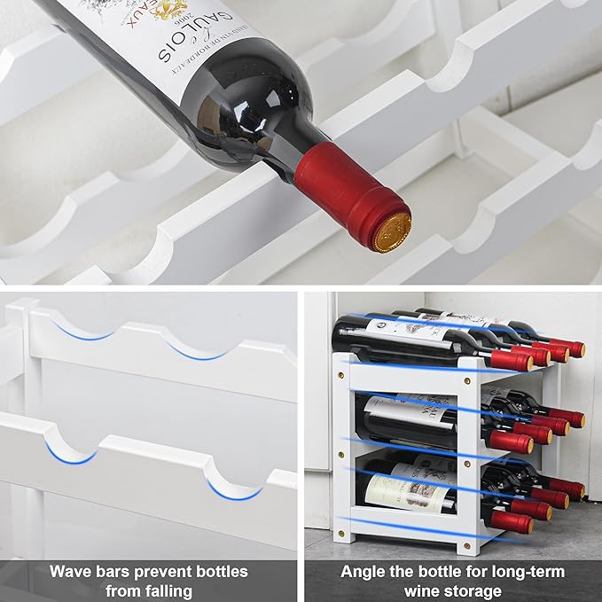 VASMIA Bamboo Wine Rack, Sturdy and Durable Wine Storage Cabinet Shelf, Wine Racks Countertop for Pantry,Kitchen,3-Tier 12 Bottles Wine Rack White