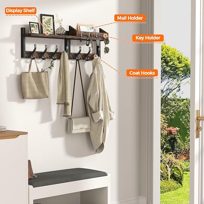 Evermagin 29" Coat Rack Wall Mount with Shelf, 4 in 1 Coat and Key Hanger with 11 Metal Hooks, Entryway Wall Mounted Shelf with Mail Holder for Living Room, Bedroom, Rustic Brown