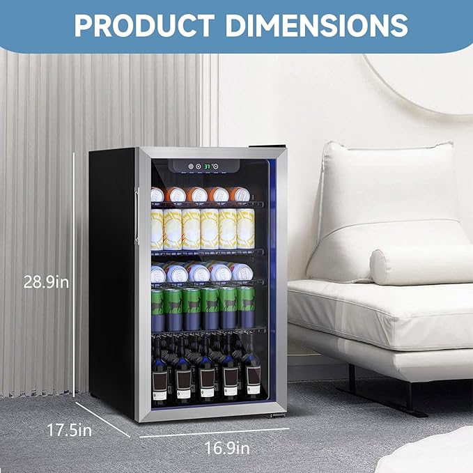 Beverage Refrigerator Cooler, 105 Can/3.0 Cubic Feet Mini Fridge with Glass Front Door, Digital Display Small Refrigerator with Adjustable Shelves for Soda, Beer or Wine