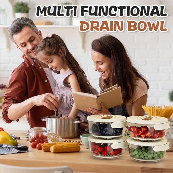 Multi-Functional Fruit and Vegetable Washing Bowl, Fruit Strainer Container with Lid, 2 In 1 Sealed Drainer Basket, Drainer and Freshness Basket, Kitchen Tool with Foldable Handle (White 2pcs)