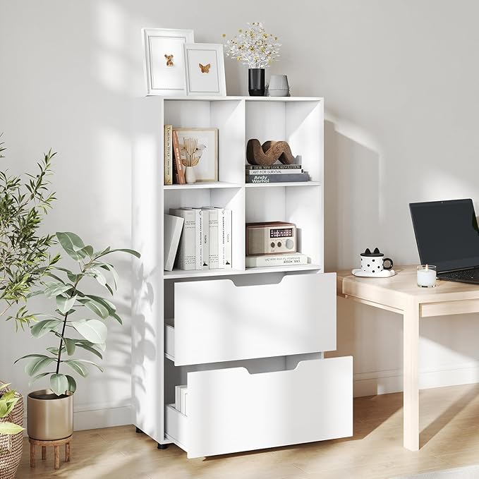 GOFLAME 4-Tier Bookcase with 2 Drawers, 51” Tall Bookshelf with 4-Cube Open Shelf, Wood, Modern, Freestanding Display Storage Organizer Shelf for Living Room, Home Office (1,White)