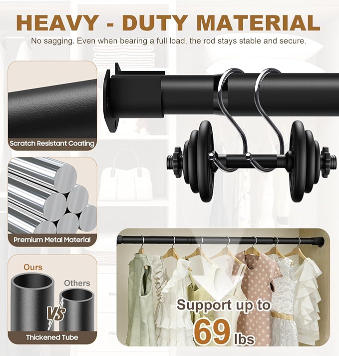 Closet Rods for Hanging Clothes, 16.5 to 88 Inches Stepless Adjustable Closet Rod, Heavy Duty Clothes Hanging Rod for Closet Wardrobes Laundry