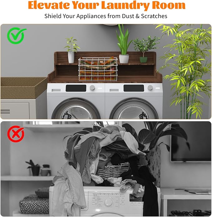 2-Tier Washer Dryer Countertop, Wood Laundry Countertop with Edge, 54" x 27.5" Top Cover for Laundry Machine, Washer and Dryer Wood Shelf Topper for Laundry Room Counter Storage Organization, Walnut