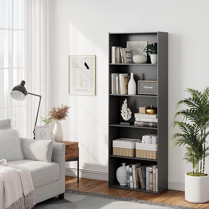 Tangkula 5-Tier Bookcase, 67” Tall Freestanding Bookshelf with 5 Open Shelves, Anti-Toppling Kits, Floor Display Storage Organizer for Living Room, Study, Kitchen, Home & Office (Black, 67" H)