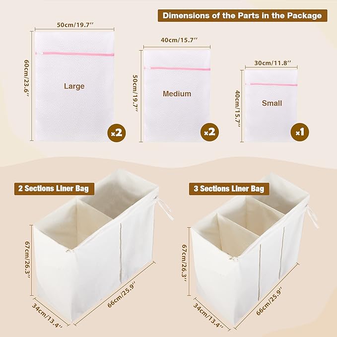 Greenstell Laundry Hamper with Lid, 125L Large Clothes Hamper with 3 Section & 2 Section Removable Liner Bags & 5 Mesh Laundry Bags, Handwoven Synthetic Rattan Divided Laundry Basket, Brown