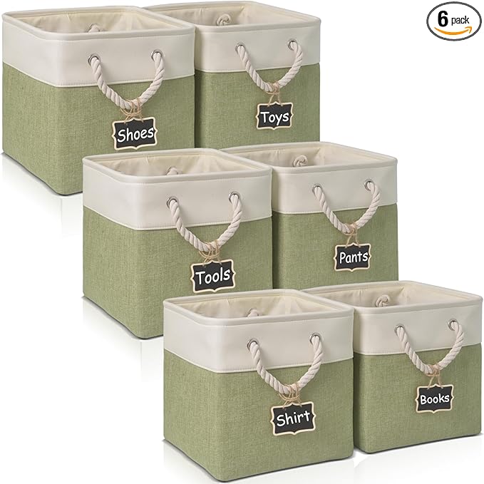 12 inch storage bins[6 Pack],Cube Storage Organizer Bins with Rope Handles, Eco-Friendly Linen Collapsible Organizers for Closet, Nursery, Toys, Office, Bathroom – Dual Color Design.(White&Green)
