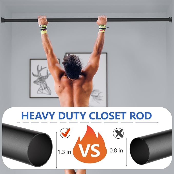 Closet Rods for Hanging Clothes, 17 to 53 Inch Closet Rod, Heavy Duty Adjustable Clothes Hanging Bar Rod Matte Black Closet Poles for Wardrobes, Closet, Bathroom, Windows,1.3 Inch Diameter