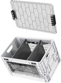 Full-Size Collapsible Crate - Heavy Duty Stackable Storage Bin with Lid & 2 Short-Ways Dividers, Durable Plastic Organizer for Home, Office, Garage & Outdoor Use (White)