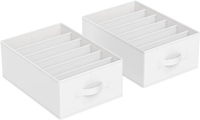 SONGMICS Set of 2 Large Size Wardrobe Clothes Organizers, 6-Compartment Foldable Drawer Organizers with Handles, 16.5 x 11.8 x 6.7 Inches, for Pants, Sweaters, Jeans, Cloud White URUS009W02