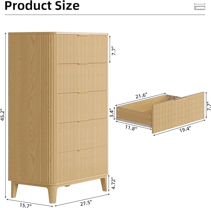 Fluted Dresser for Bedroom with 5 Drawers Set of 2, 45" Large Closet Clothes Wood Tall Dresser Storage Organizer, Mid Century Modern Chest of Drawers with Deep Storage Natural