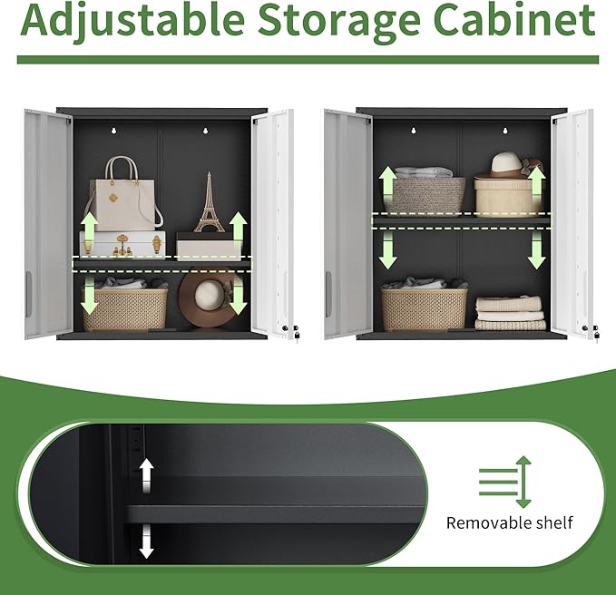 Wall Cabinet, Wall Mounted Cabinet with Lock and Adjustable Shelf for Garage, Tool Room, Kitchen, Assembly Required(Black and Gray)