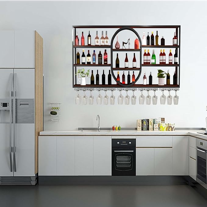 Large Wall Mount Wine Rack, Metal 4 Tier Large Capacity Hanging Bar Rack with Wine Glass Holder, Oval Wine Bottle Storage Display Rack for Kitchen, Living Room, Home (H, 71in)