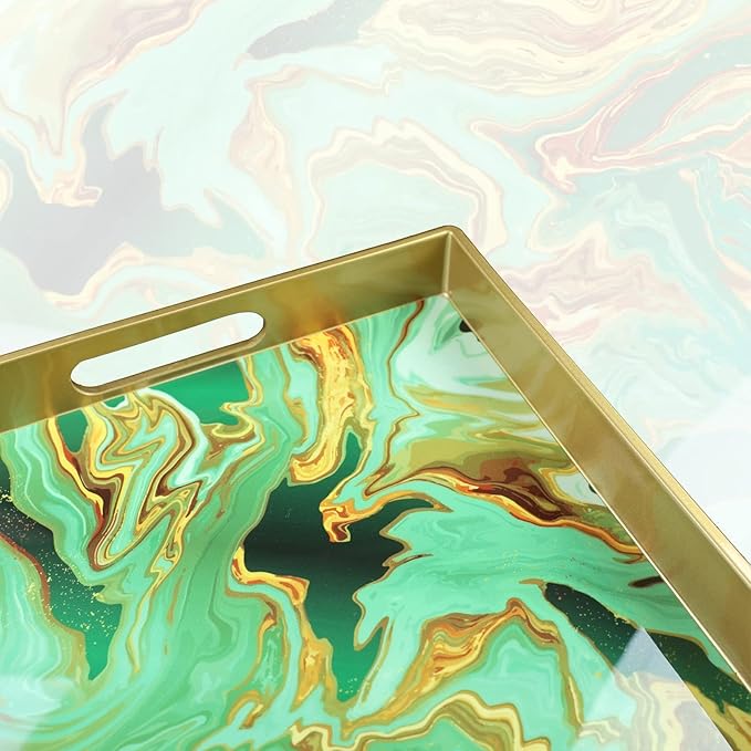 Green Marbling Decorative Tray with Handles, Morden Plastic Rectangular Serving Tray for Coffee Table Bathroom, Ottoman, Home Decor, 15.7"* 10.2"* 1.38"