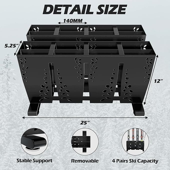 Heavy Duty Metal Ski Storage Rack, 8 Pair Freestanding Steel Ski Holder, Floor Stand Ski Organizer Rack