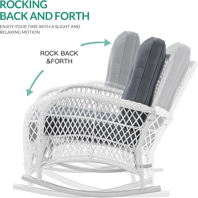 VIVIJASON 3-Piece Outdoor Conversation Bistro Set, Patio Wicker Rocking Chairs Rattan Furniture Sets w/ 2 Rattan Chairs, Cushions, Glass Top Side Table for Garden Porch Backyard (White Wicker/Grey)
