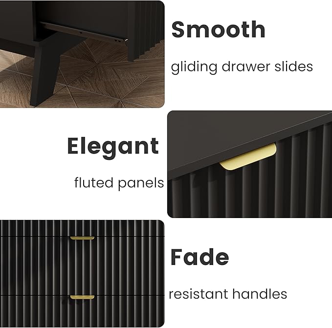 Black Night Stand with 3 Drawers, Bedside Table & End Table, 24" Wide Mid Century Modern Fluted Wood Nightstand with Metal Handles, Farmhouse Night Stands for Bedroom