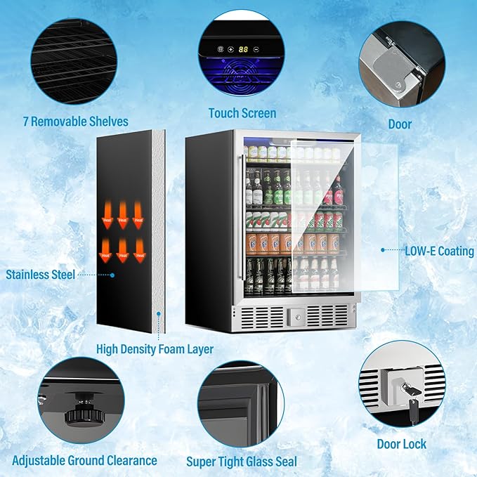 5.3 Cu.Ft Beverage Cooler, 166 Can Capacity, Adjustable Shelves & Glass Door, Perfect for Soda, Wine, and Beer. Silent Undercounter Mini Fridge for Home, Office, or Bar (37-61℉), Silver.