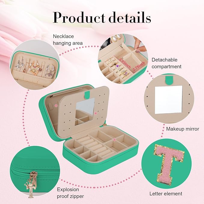 TopPerfekt Travel Jewelry Case, Jewelry Box with Mirror, Jewelry Organizer Bridal Shower Gifts to Her, Earring Storage Travel Case, Trendy Gift for Women and Girls, Girlfriend-Letter T, Green