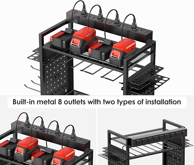 CCCEI Power Tool Organizer Cart with Charging Station, Garage Floor Rolling Storage Cart on Wheels for Mechanic, Mobile 6 Drill, Tool Box Utility Cart with Battery Charging Power Strip, Black